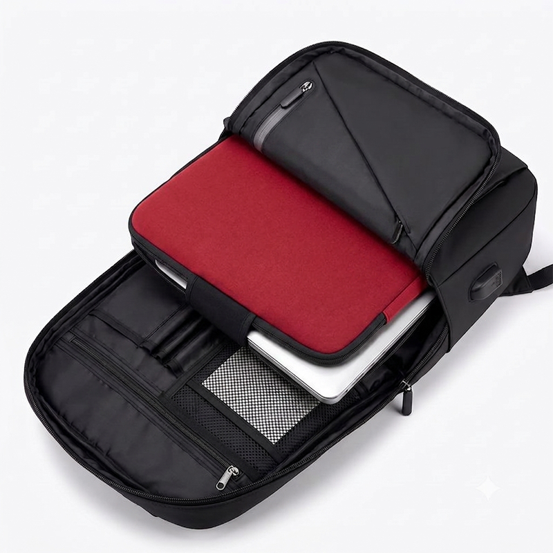 Pack Waterproof Smart Backpack with USB Charging Port + Red Neoprene Protective Sleeve 14"
